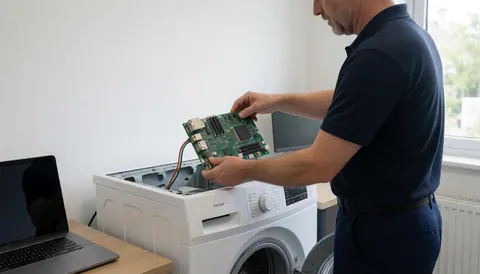 Un technicien répare un lave-linge en installant une carte de contrôle sous une lumière naturelle avec de l'espace pour ajouter du texte.
