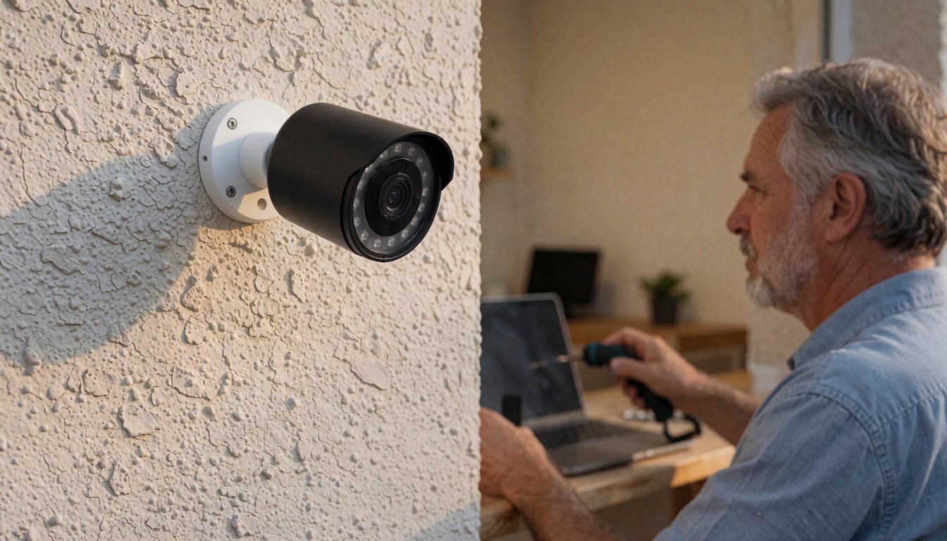 Installation d'une caméra de surveillance noire sur un mur en stuc par un technicien utilisant un tournevis et un ordinateur portable.