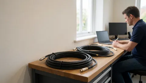 Technicien travaillant dans un atelier avec des câbles d'antenne enroulés sur une table en bois, éclairé par la lumière naturelle d'une fenêtre, murs blancs chauds.