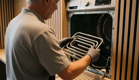 Un technicien portant des gants installe un nouvel élément chauffant dans un sèche-linge ouvert avec des murs en bois en arrière-plan.