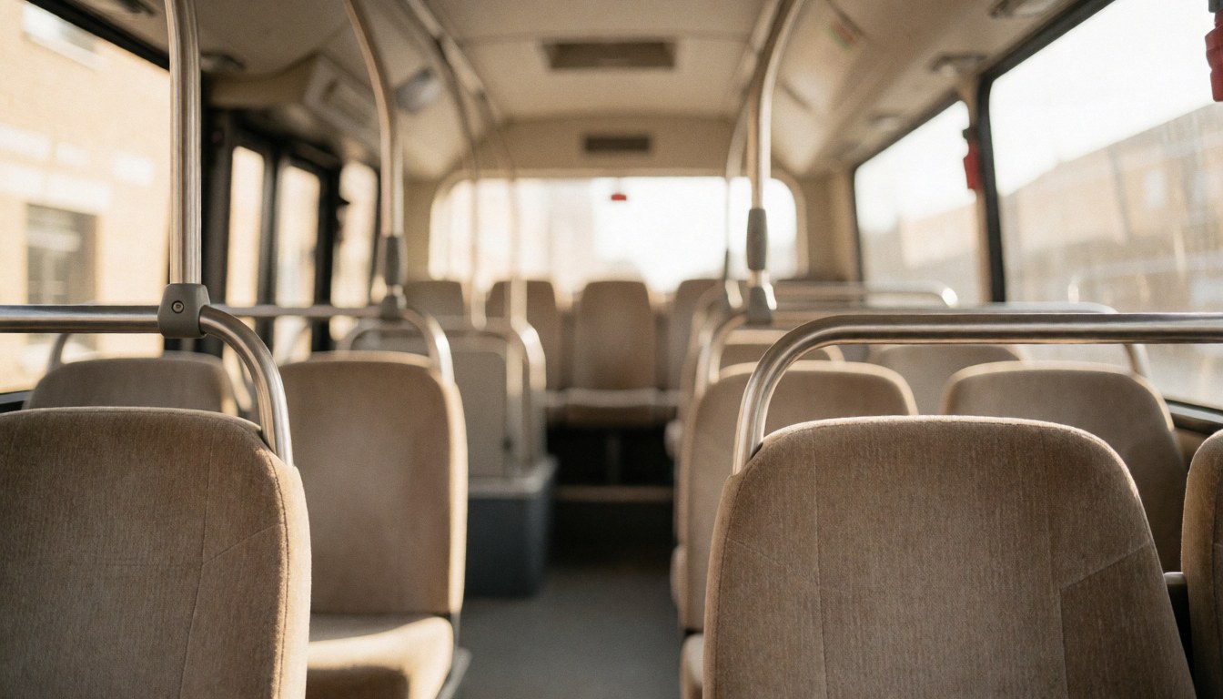 Intérieur d'un autocar touristique avec des sièges beiges et des barres métalliques, éclairage chaleureux et arrière-plan flou, idéal pour ajouter du texte.