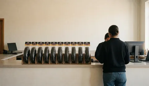 Vue arrière de deux personnes dans un atelier de réparation de vélos, devant un comptoir présentant des tubes de pneus, avec des murs crème et des ordinateurs.