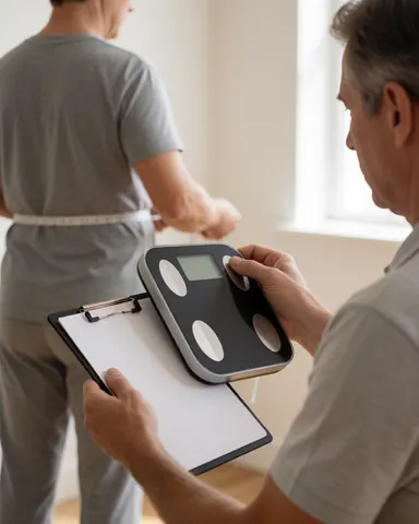 Un entraîneur personnel mesure la taille d'un client à l'aide d'un mètre ruban et d'une balance numérique dans un gymnase.