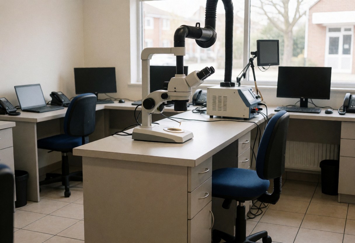 Station de soudure équipée d'un microscope numérique dans un atelier de réparation de téléphones, éclairée par la lumière naturelle, avec extracteur de fumées et tables de travail ordonnées.