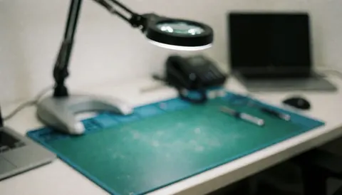Bureau de travail technique équipé de loupes et d'un tapis de protection vert, servant de fond neutre pour l'ajout de texte.