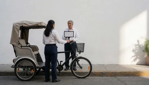 Conducteur de vélo-taxi accompagnant un client près de son véhicule sur une rue urbaine avec un mur blanc en arrière-plan.