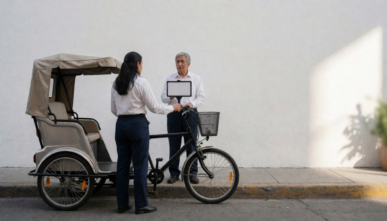 Conducteur de vélo-taxi accompagnant un client près de son véhicule sur une rue urbaine avec un mur blanc en arrière-plan.