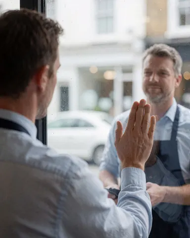 Un professionnel en tablier nettoie une vitrine transparente tandis qu'un client satisfait touche la surface propre pour vérifier la qualité du service rendu.