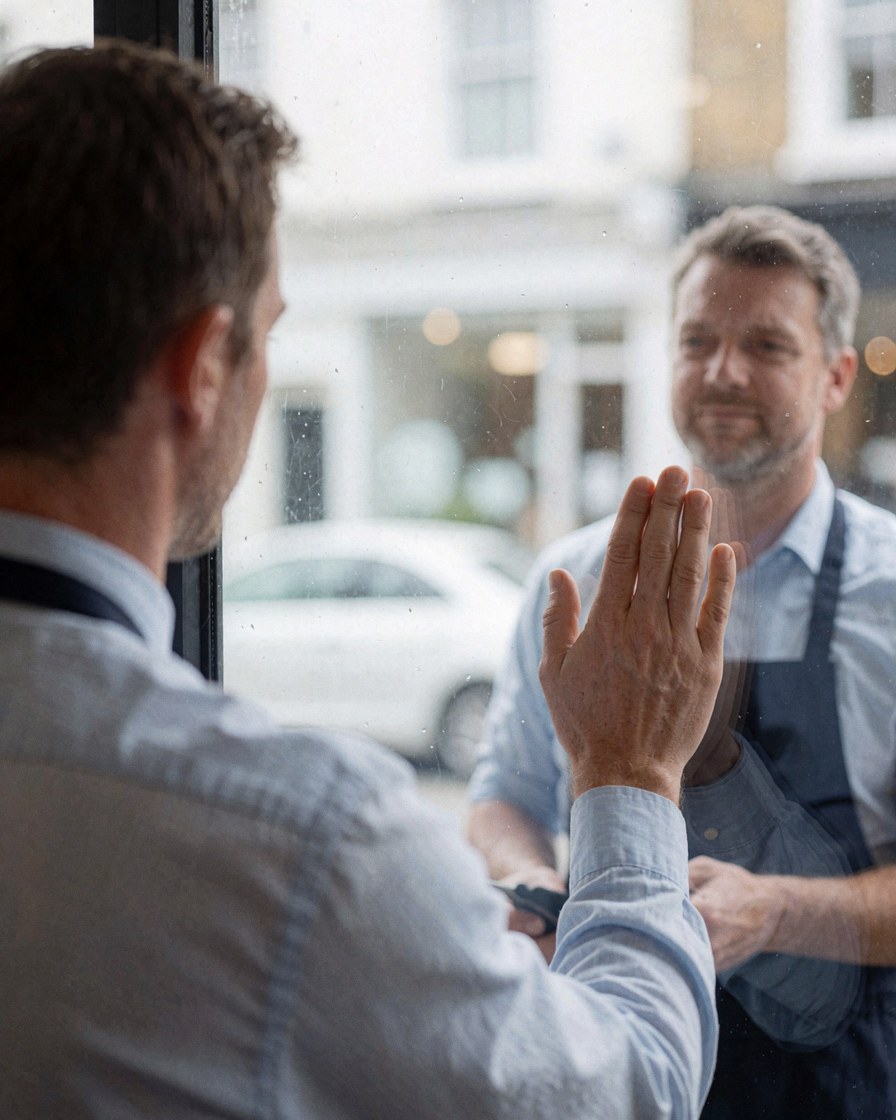 Un professionnel en tablier nettoie une vitrine transparente tandis qu'un client satisfait touche la surface propre pour vérifier la qualité du service rendu.
