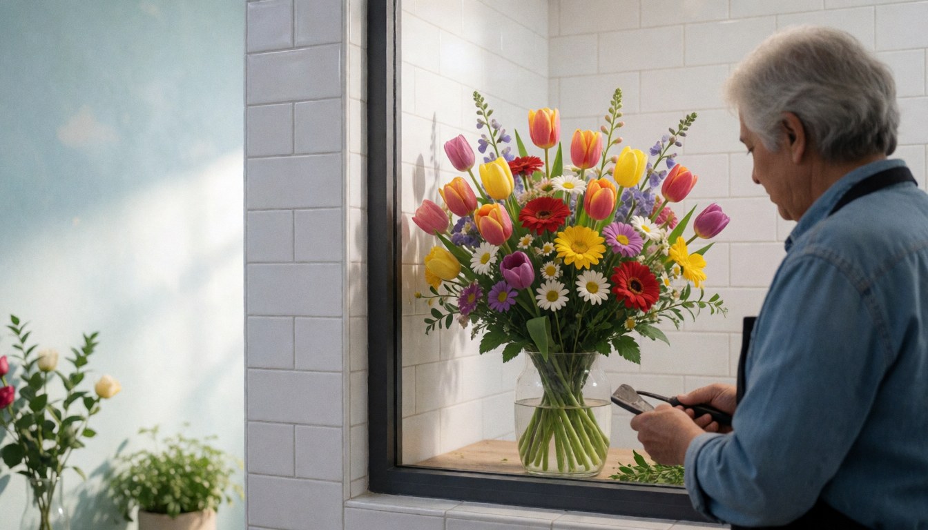 Un vendeur arrange un bouquet de tulipes et de marguerites dans la vitrine de sa boutique aux murs carrelés blancs et à la lumière naturelle.