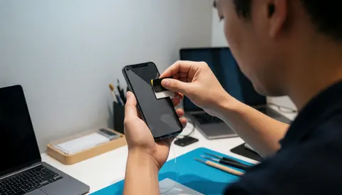 Un technicien applique un film protecteur sur l'écran d'un téléphone portable sur une table de travail avec des outils de réparation.