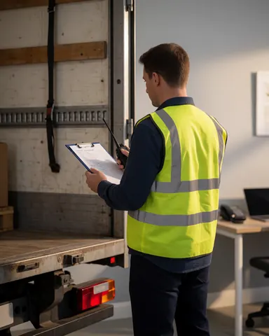 Un chauffeur de camion portant un gilet réfléchissant consulte une liste de livraisons sur son plateau, radio de communication à la main.