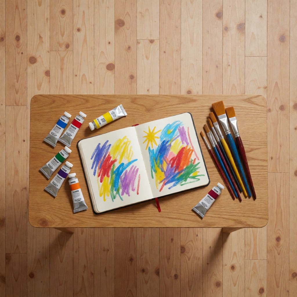 Cahier ouvert avec un dessin coloré, des tubes de peinture et des pinceaux disposés sur une table en bois dans un atelier d'art.