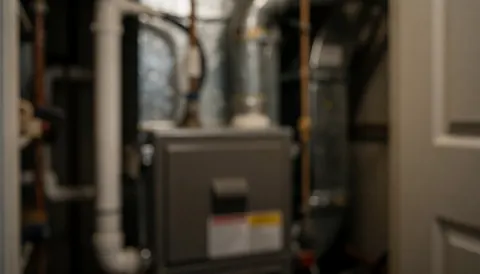 Arrière-plan industriel flou montrant un placard de chauffage avec des tuyaux et une unité de chaudière, adapté pour des textes commerciaux.