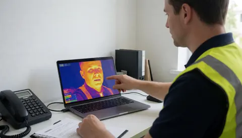 Un technicien en gilet réfléchissant consulte une carte thermique sur un ordinateur portable dans un bureau temporaire pour analyser l'isolation.