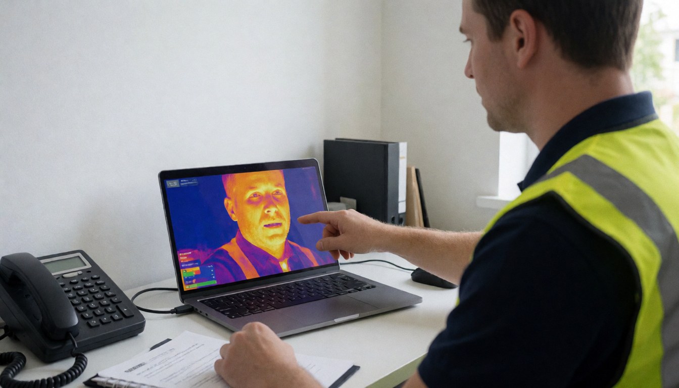 Un technicien en gilet réfléchissant consulte une carte thermique sur un ordinateur portable dans un bureau temporaire pour analyser l'isolation.