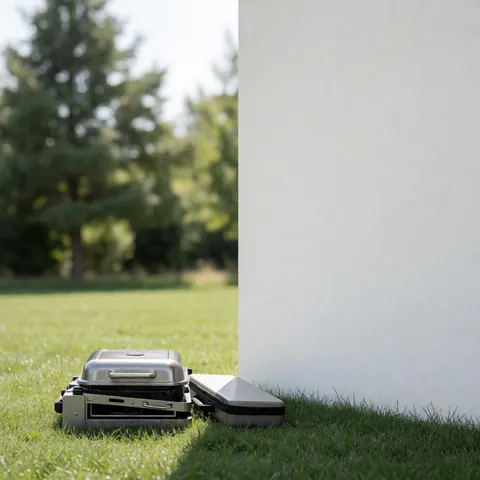 Grill portable plié posé sur une pelouse verte à côté d'un mur blanc, idéal pour le camping et les pique-niques en plein air.