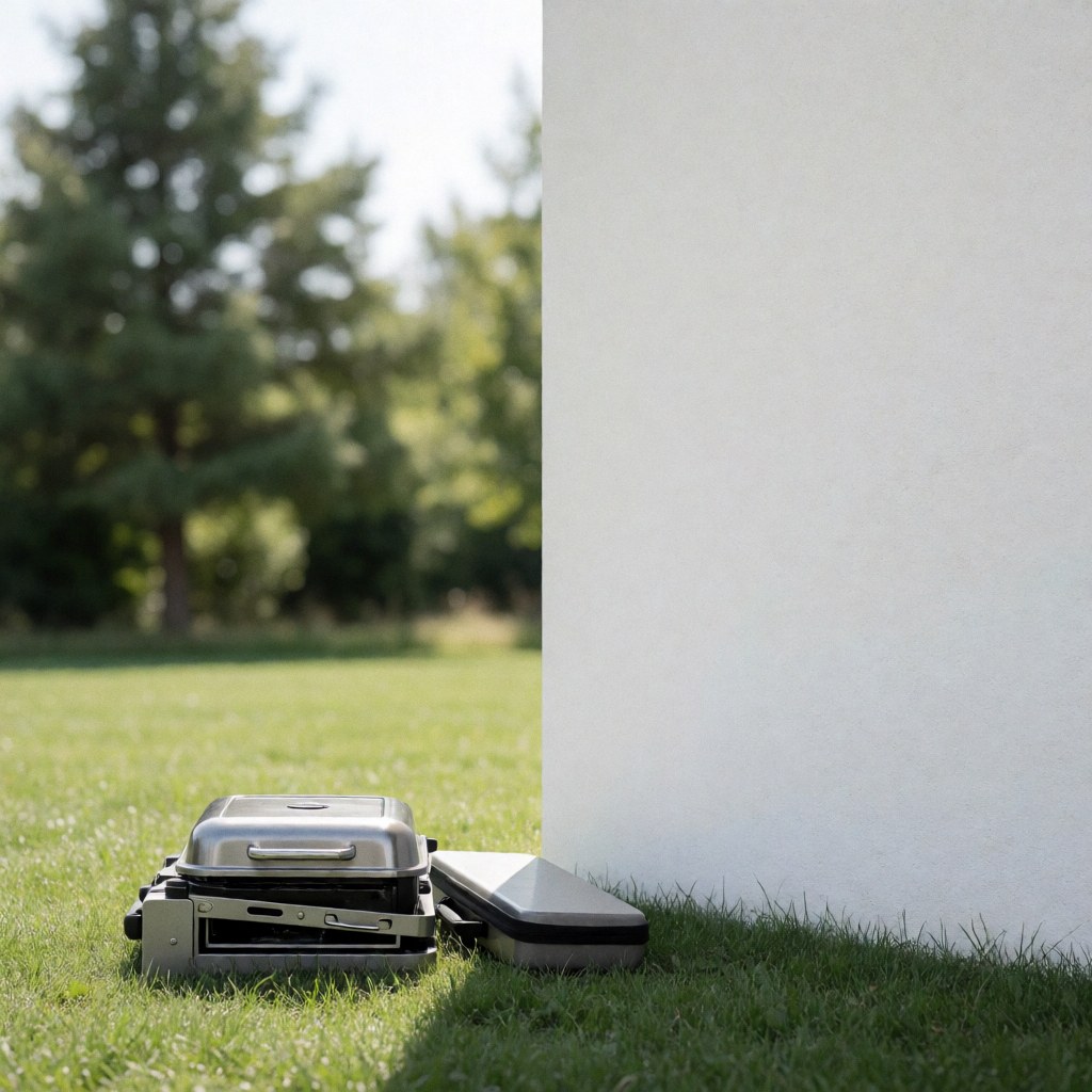Grill portable plié posé sur une pelouse verte à côté d'un mur blanc, idéal pour le camping et les pique-niques en plein air.