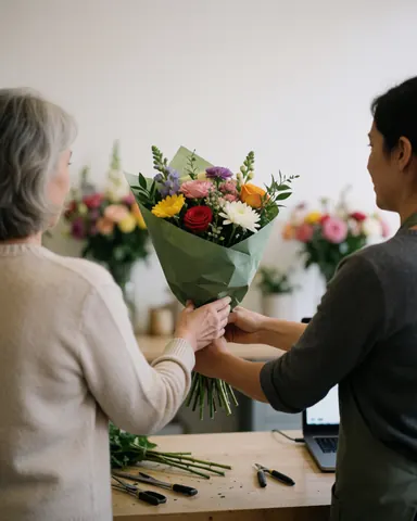 Une cliente reçoit un bouquet coloré dans une boutique de fleurs, avec des mains et des outils visibles sur une table en bois.