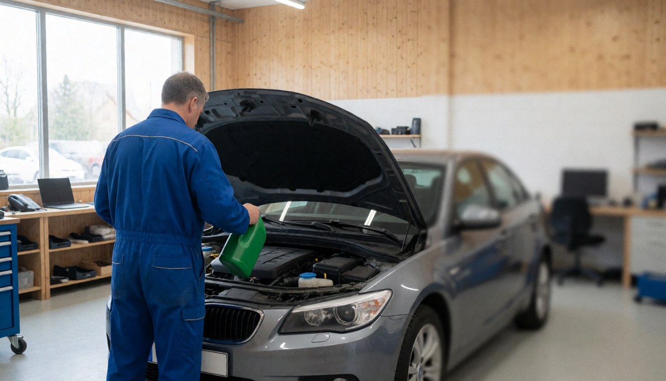 Un mécanicien verse du liquide de refroidissement vert dans le moteur d'une voiture au capot ouvert dans un atelier.