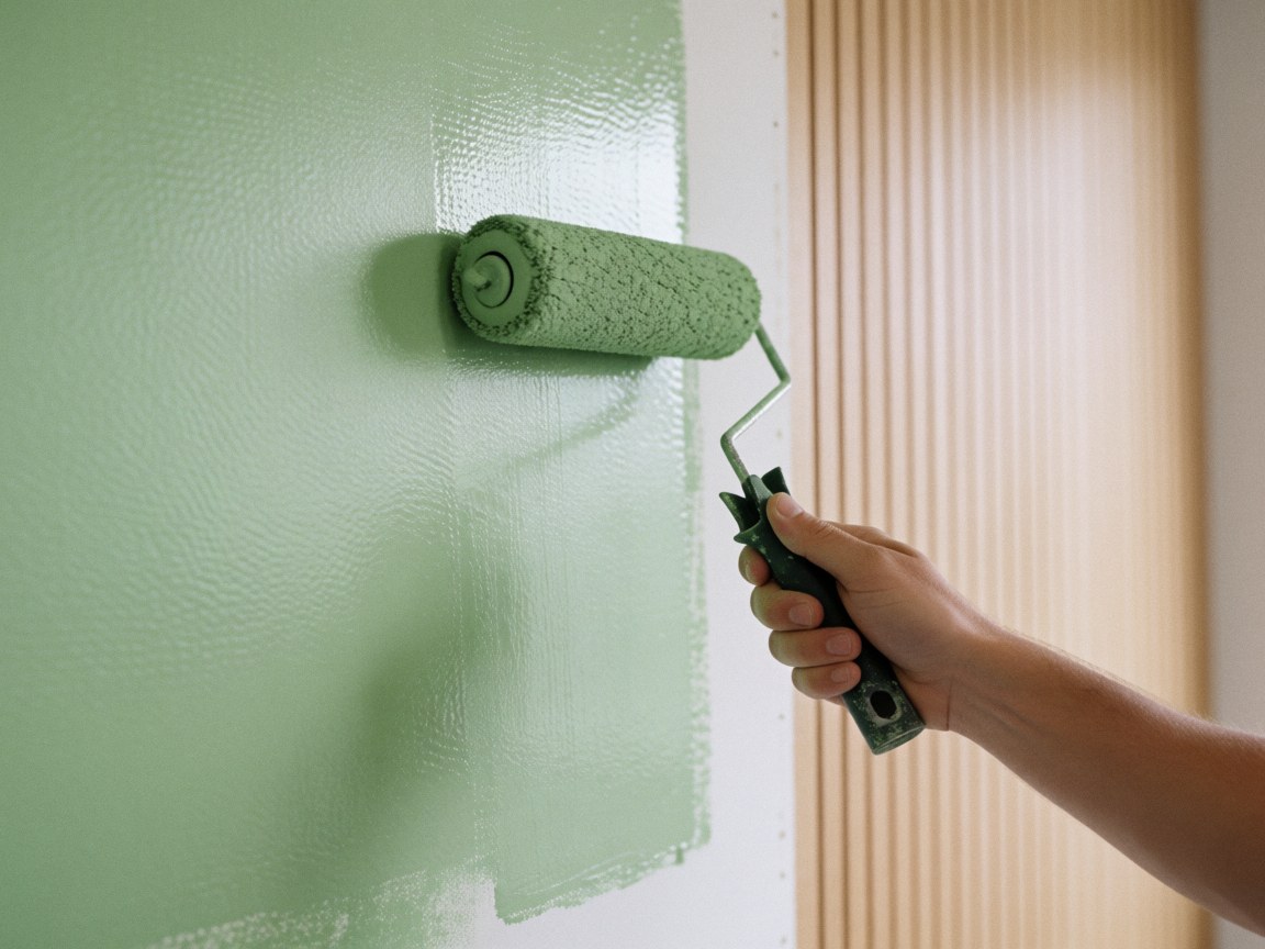 Une main utilise un rouleau pour peindre un mur en plâtre avec de la peinture verte, des lattes de bois clair sont visibles en arrière-plan, illustrant un service de peinture décorative en cours.