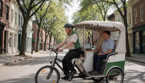 Un conducteur de vélo-taxi transporte un client sur une rue bordée d'arbres avec des bâtiments historiques en arrière-plan, illustrant un service de transport écologique.