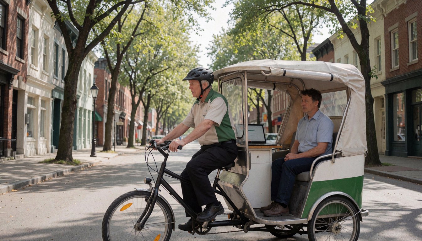 Un conducteur de vélo-taxi transporte un client sur une rue bordée d'arbres avec des bâtiments historiques en arrière-plan, illustrant un service de transport écologique.