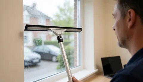 Un professionnel utilise une raclette pour nettoyer une fenêtre, avec des murs beiges et un ordinateur portable en arrière-plan, illustrant un service de nettoyage en action.