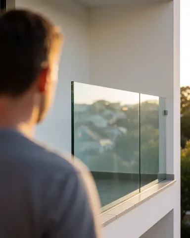Une cliente examine une nouvelle rambarde en verre installée sur un balcon, baignée d'une lumière dorée, avec un mur blanc et des reflets du paysage environnant.