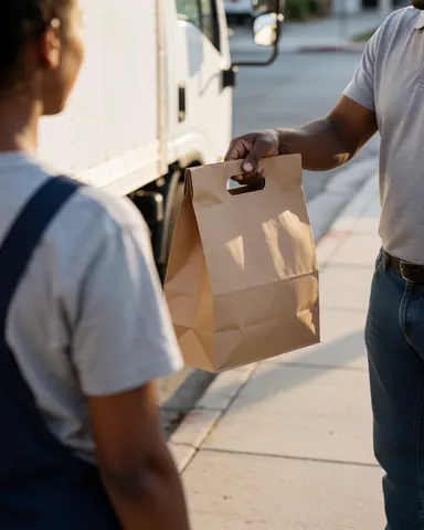 Un livreur remet un sac de repas à un client sur le trottoir, avec un camion blanc en arrière-plan sous la lumière du coucher de soleil