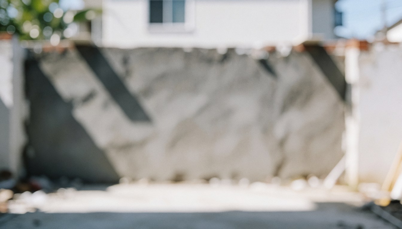 Fond de chantier avec mur gris texturé et ombres douces, idéal pour textes commerciaux sur les finitions.