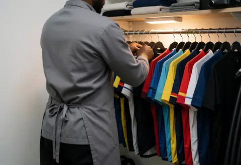 Un technicien ajuste un maillot de cyclisme dans un local de maintenance avec des vêtements organisés sur des cintres et une lumière chaude.