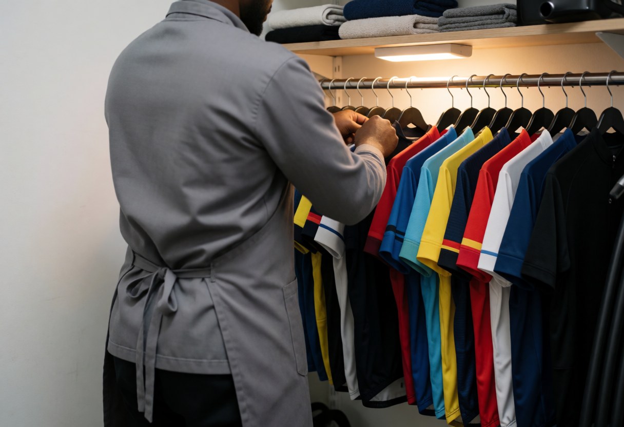 Un technicien ajuste un maillot de cyclisme dans un local de maintenance avec des vêtements organisés sur des cintres et une lumière chaude.