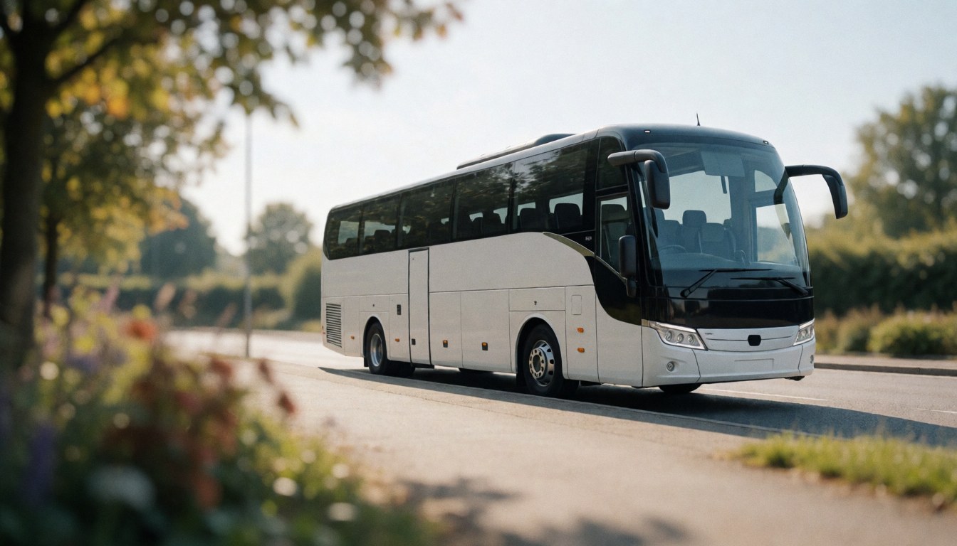 Autobus touristique blanc stationné sur une route avec des arbres et un arrière-plan flou, idéal pour des textes sur les services de transport.