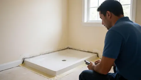 Un installateur pose une baignoire en acrylique dans une salle de bain rénovée, avec une membrane d'étanchéité visible et des murs peints en beige clair, éclairée par la lumière naturelle.
