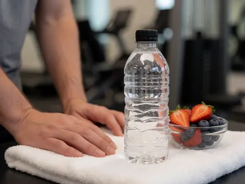 Bouteille d'eau avec des gouttes et des fruits frais posée sur une serviette blanche dans un gymnase