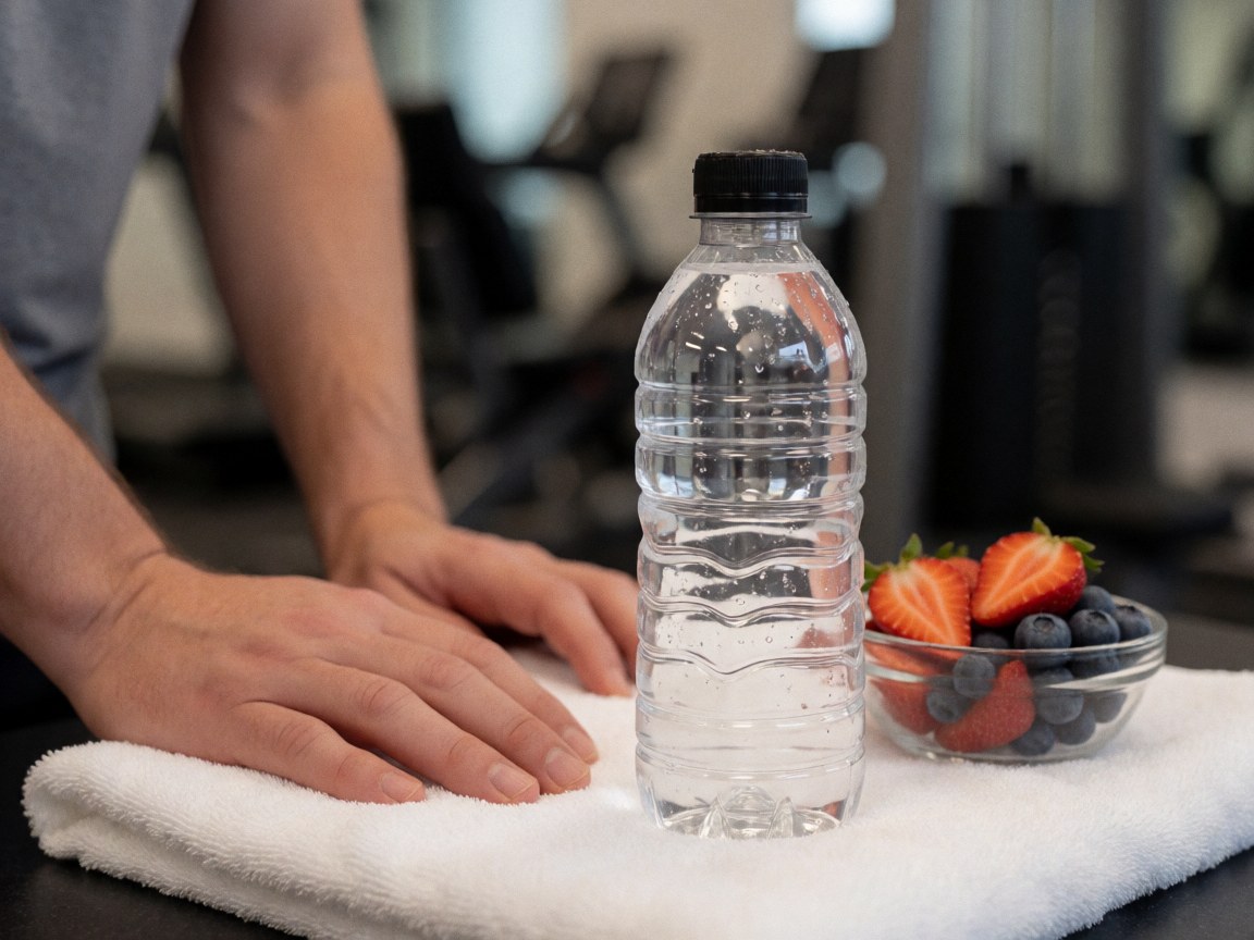 Bouteille d'eau avec des gouttes et des fruits frais posée sur une serviette blanche dans un gymnase