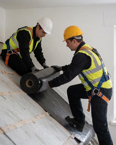 Deux ouvriers en casques et harnais installent une grande bobine de membrane bitumineuse sur une toiture inclinée.
