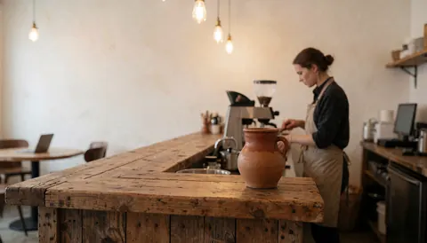 Comptoir en bois rustique et pot en terre cuite dans une ambiance chaleureuse et professionnelle pour un site web.