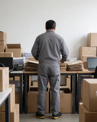 Un professionnel de la logistique de dernière mile trie des colis sur une table dans un entrepôt ordonné rempli de cartons.
