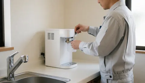 Un plombier en uniforme gris installe un filtre à eau blanc sur un évier dans une cuisine moderne aux murs blancs.