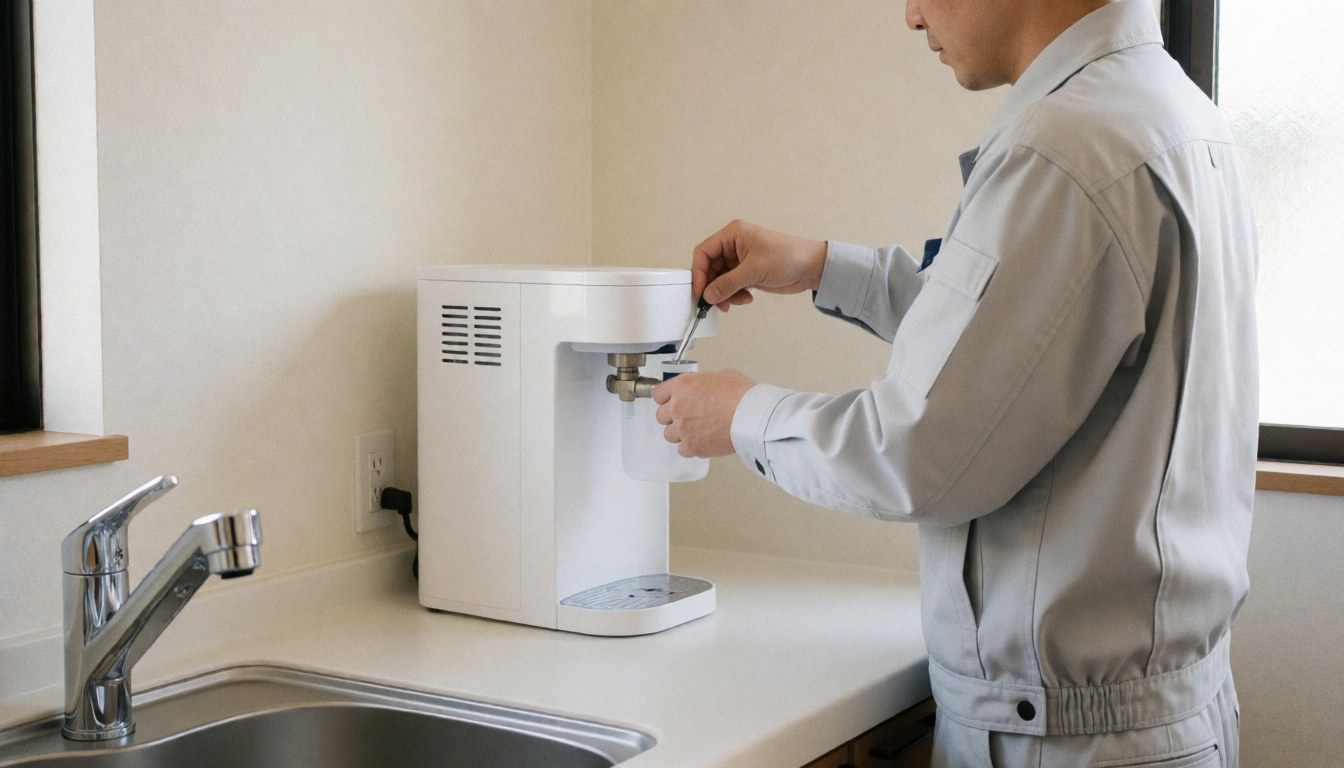 Un plombier en uniforme gris installe un filtre à eau blanc sur un évier dans une cuisine moderne aux murs blancs.