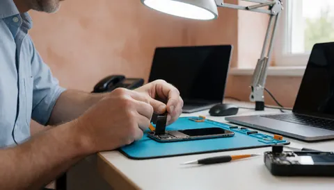 Un technicien insère un câble dans la carte mère d'un téléphone démonté sur une table propre avec un éclairage de travail et des murs en terre cuite.