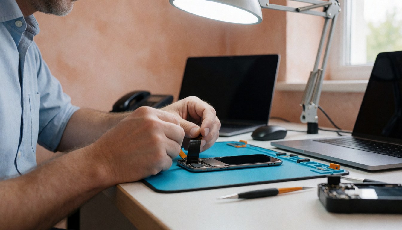 Un technicien insère un câble dans la carte mère d'un téléphone démonté sur une table propre avec un éclairage de travail et des murs en terre cuite.