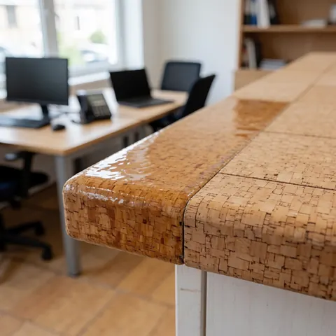 Gros plan sur le bord d'un sol en liège avec un revêtement brillant et imperméable dans un bureau moderne éclairé par la lumière naturelle.