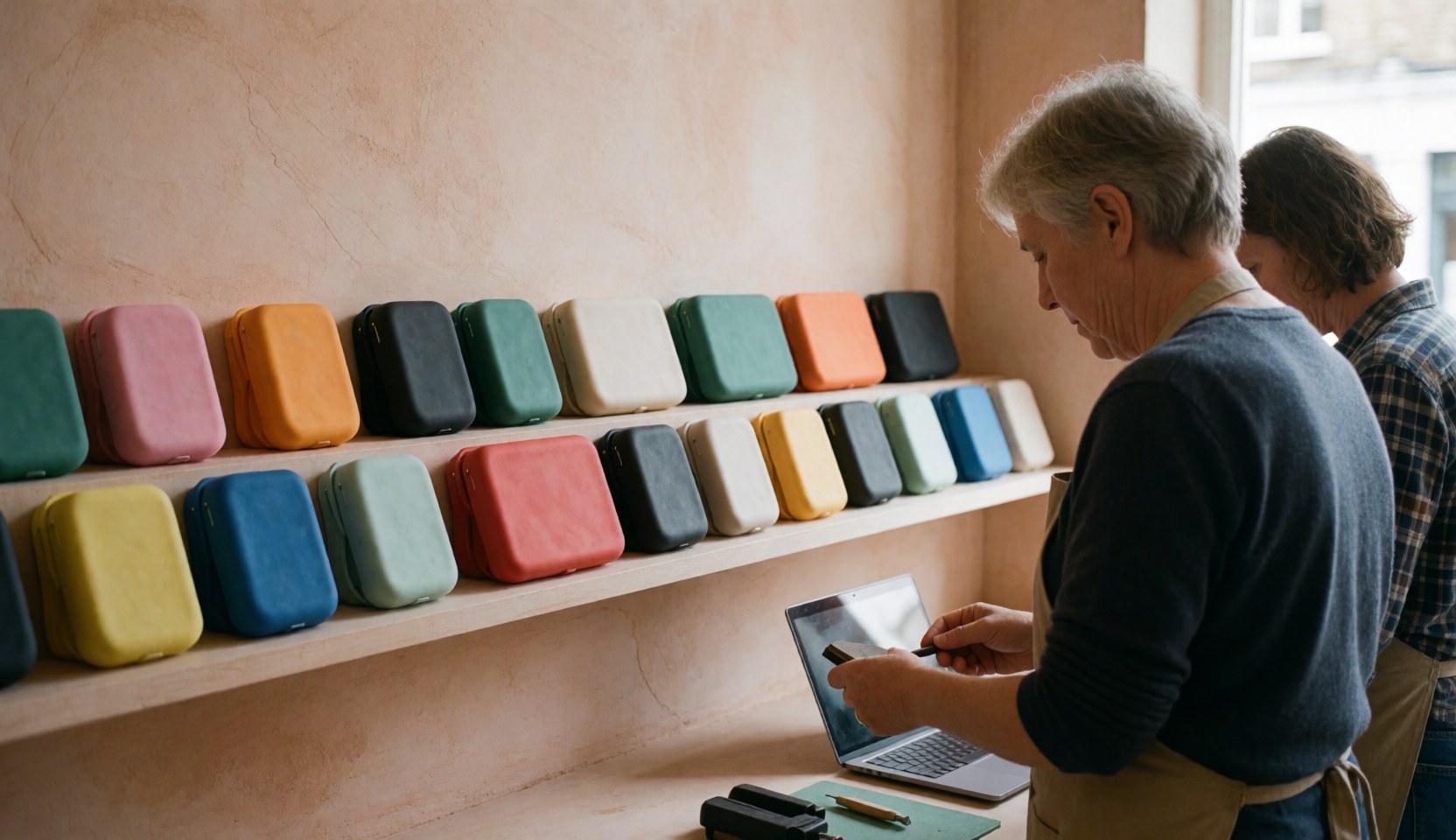 Personne travaillant dans un magasin avec des étuis en silicone colorés sur des étagères, des murs en terre cuite et une lumière naturelle.