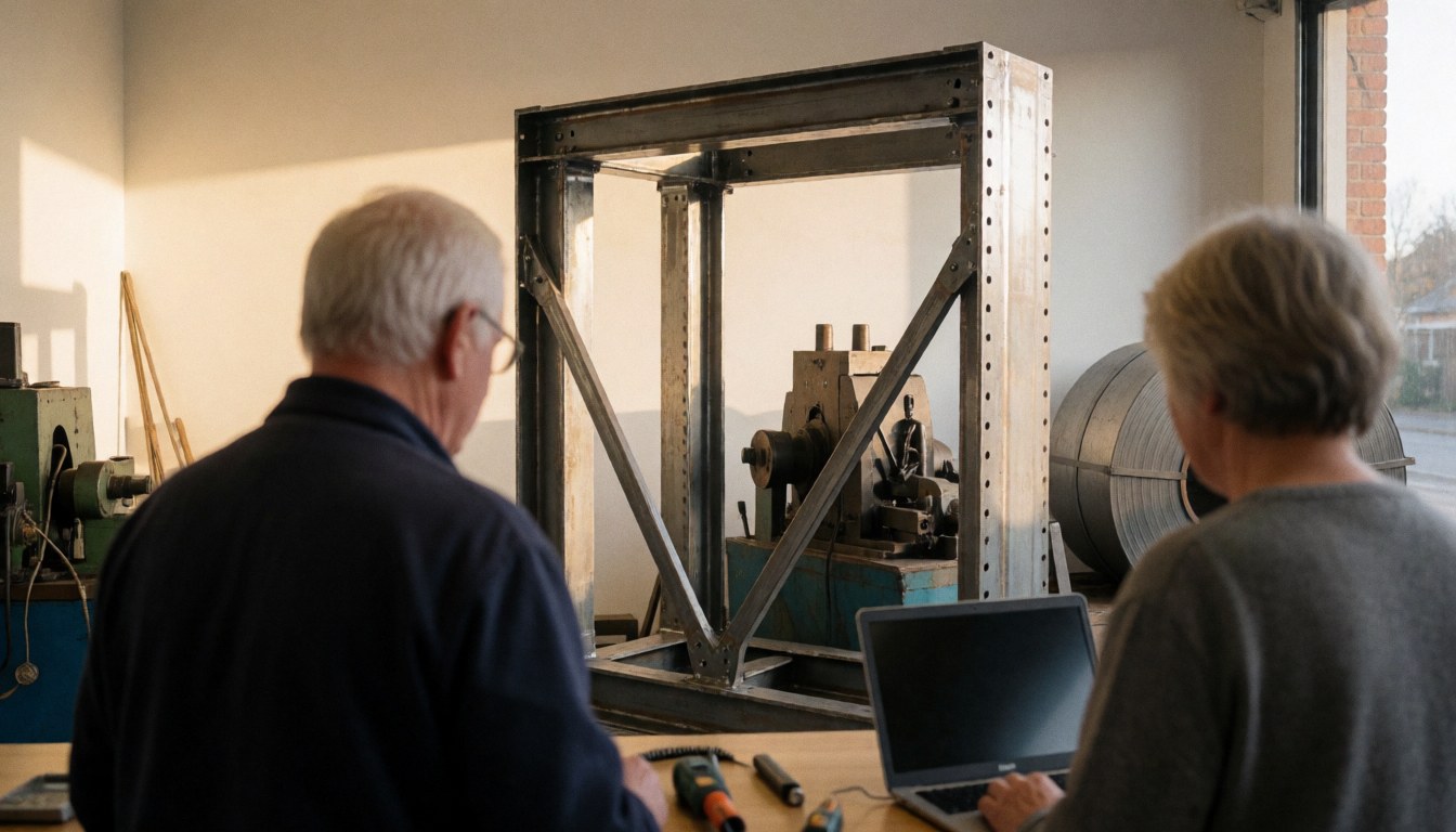 Deux professionnels inspectent une structure en acier dans un atelier industriel équipé de machines et de rouleaux de métal sous la lumière du coucher de soleil.