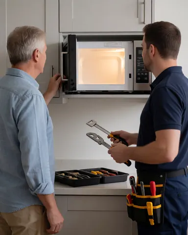 Cliente satisfaisante ouvrant un micro-ondes neuf, installateur avec outils, cuisine moderne et propre, idéal pour une entreprise d'installation de cuisines.