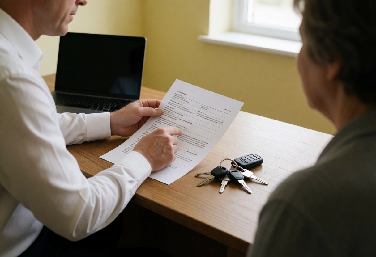 Un agent d'assurance examine un contrat avec un client sur une table en bois, des clés de voiture à côté, dans un bureau aux murs jaunes.