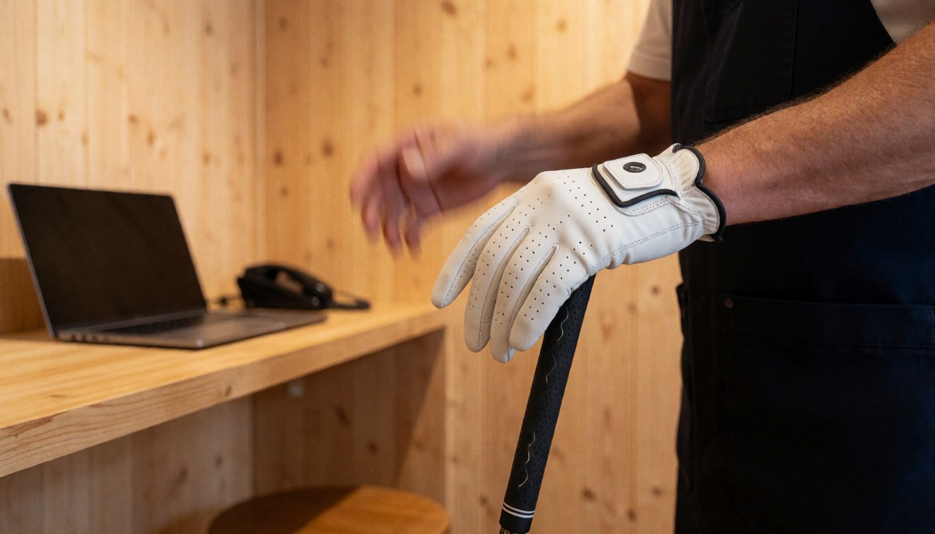 Instructeur de golf tenant un gant blanc, sur fond de bois clair en magasin, produit mis en valeur.